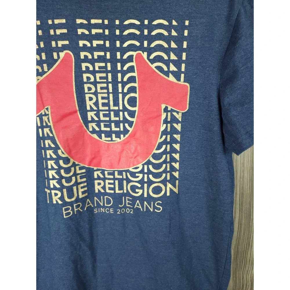 True Religion Mens Graphic T-Shirt Navy Blue Red Horseshoe Logo Size Large